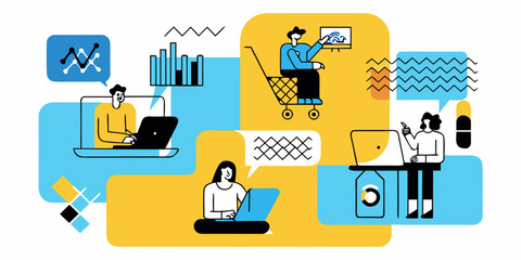 Digital commerce and online shopping illustration featuring people and technology