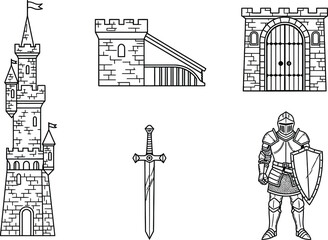 Obraz premium White silhouettes neat icons of neat castle tower bridge gate sword knight medieval set