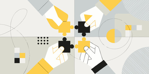 Abstract hands connecting puzzle pieces with geometric shapes and lines