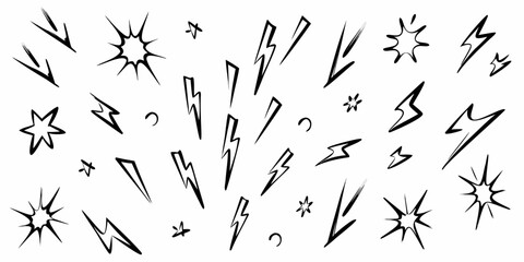 A collection of hand drawn stars lightning bolts and sparkle shapes on a white background