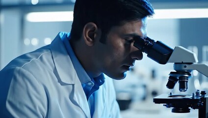 Male researcher wearing white coat analyzing biological sample through microscope in a dark scientific laboratory