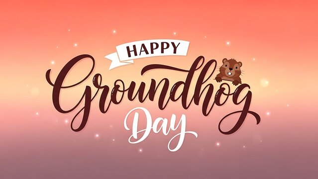 Groundhog day celebration with festive typography and gradient background, Happy Groundhog Day Greeting Card with Cute Character.
