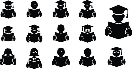 Student reading book silhouette set, education and learning concept, graduation cap icons, knowledge study symbols, academic success, literacy, school and university illustration collection