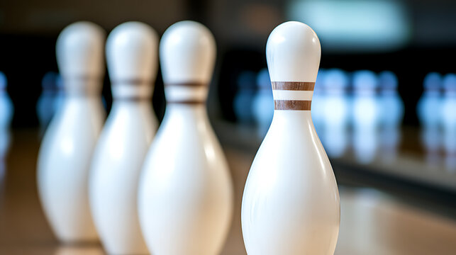 Bowling pins stand in formation, awaiting the ball's thunderous arrival. The anticipation hangs thick in the air, the promise of strikes and spares creating the mood. The lane awaits.