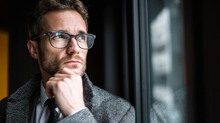 Thoughtful businessman in a gray coat gazing out of a window, contemplating future opportunities and challenges in a modern office environment