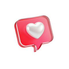 3D social media notification icon with a pink speech bubble and a white heart symbolizing love and engagement
