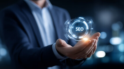 Faceless businessman holding word SEO representing search engine optimization, website ranking strategies, digital visibility tools and content marketing, defocused global network,