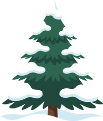 Vector illustration of a stylized dark green pine tree laden with thick white snow. This evergreen fir features jagged, layered branches and a brown trunk standing in a snowdrift, creating a festive w