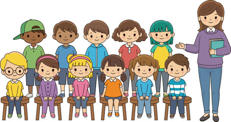Happy kindergarten classroom group with teacher and diverse children sitting together, cute cartoon education illustration vector