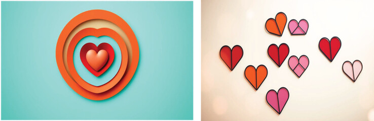 Valentine Colorful 3D Heart Art Collection and Hand-Drawn Paper Hearts - Creative Valentine's Day Illustrations, Romantic Love Backgrounds, Artistic Heart Designs for Wedding