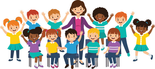 Happy kindergarten teacher with diverse group of cheerful children sitting and standing together in classroom illustration