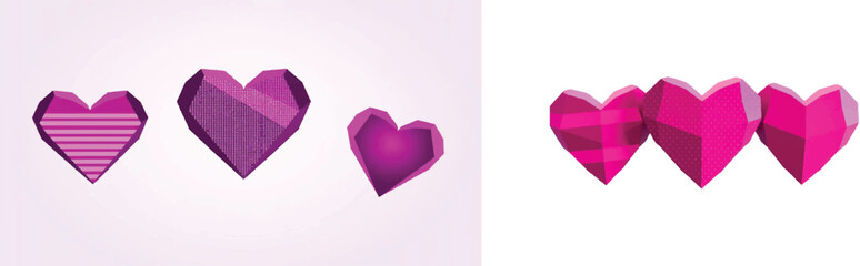 Abstract 3D Low Poly Purple Heart Collection: Geometric Romantic Design Elements on Neutral Background for Valentine Greeting Cards, Creative Digital Art Assets, and Modern Love Themed Illustrations