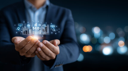 Faceless businessman holding glowing hologram of local SEO icons and text, search engine optimization for local businesses visualization, defocused background, with copy space