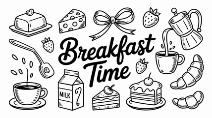 Delicious Breakfast Time Illustration with Coffee, Cake, and Pastries