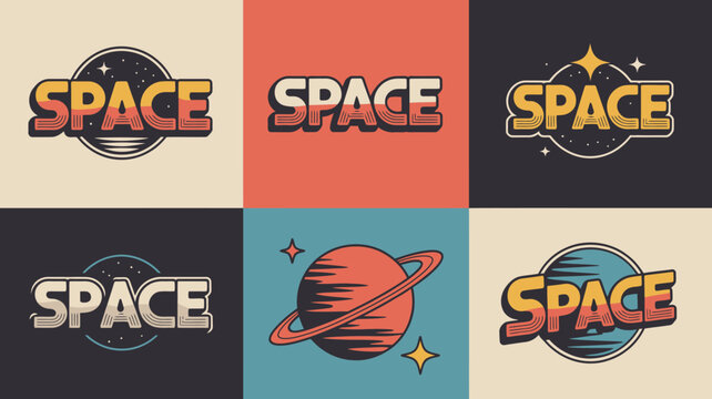 Retro Space Logos with Planets and Stars on Colorful Backgrounds