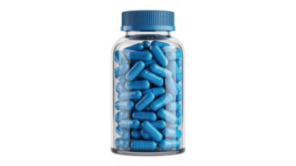 Blue capsules in a clear plastic bottle with blue cap clear bottle medicine isolated on a transparent background