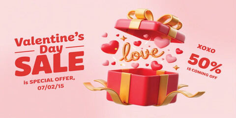 Valentine's Day Sale Banner with 3D Gift Box and Floating Hearts: Special Offer 50% Off Romantic Discount Promotion for E-commerce, Festive Love Themed Marketing Poster, and Social Media Advertising