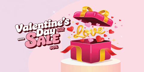 valentine's day sale, 50% off, gift box, 3d illustration, love sale, discount banner, romantic offer, shopping promotion, valentine discount, hearts background, surprise gift, holiday marketing, ecomm