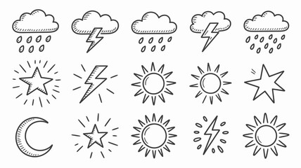 Weather Icons Set, Black and White Line Art, Various Conditions