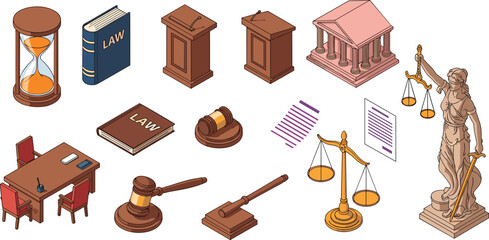 Law and justice icons set with gavel scales books courthouse and judge statue, legal system isometric vector illustration