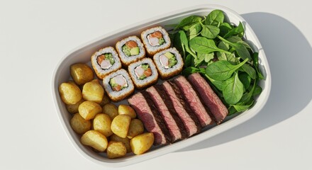Delicious Bento Box with Sushi, Steak, and Fresh Greens