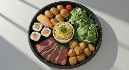 Delicious Japanese Cuisine Platter Featuring Sushi and Noodles