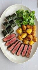 Deliciously Plated Steak, Sushi, and Roasted Potatoes Meal