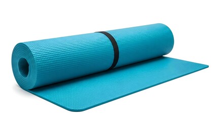 Fototapeta premium Rolled up blue yoga mat with a black elastic strap on a white background exercise mat fitness