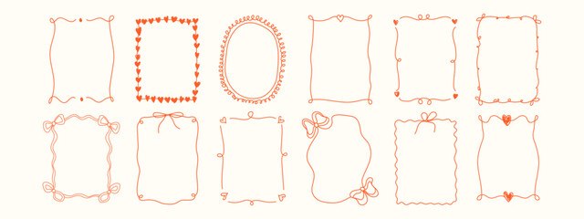 Coquette aesthetic Valentine's Day frames set. Hand drawn romantic borders with red hearts, bows and whimsical doodle lines. Cute vector line art for wedding invitations and social media.