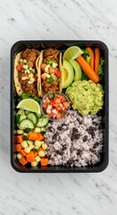 Colorful Taco Meal Prep Box with Fresh Vegetables and Rice