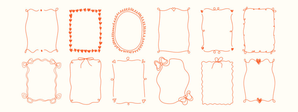 Coquette aesthetic Valentine's Day frames set. Hand drawn romantic borders with red hearts, bows and whimsical doodle lines. Cute vector line art for wedding invitations and social media.