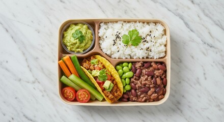 Colorful and Healthy Meal with Tacos, Rice, and Vegetables