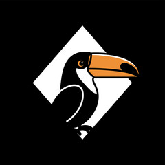 Fototapeta premium Stylized toucan bird with an orange beak inside a white diamond shape on a black background, graphic design.