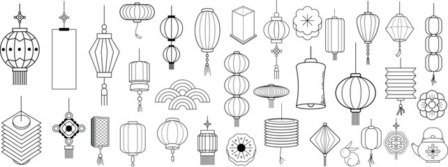 Street chinese lantern icons set. Outline set of street chinese lantern vector icons for web design isolated on white background set.