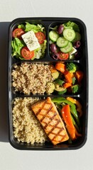 Grilled chicken breast served with grilled vegetables on a white plate as a healthy gourmet meal