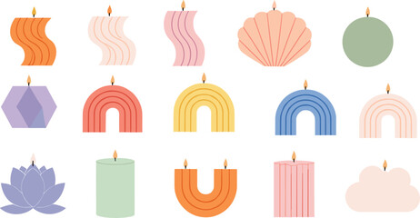 Modern abstract candles set with geometric and organic shapes, minimalist decorative candle collection vector illustration