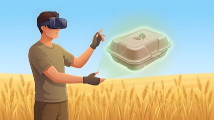 Farmer uses virtual reality headset in a wheat field