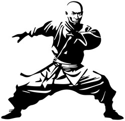 Martial arts master in dynamic kung fu stance with sword