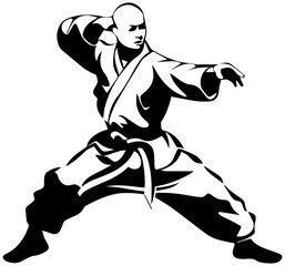 Martial arts master in dynamic karate stance with focused expression