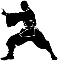 Martial arts silhouette in dynamic fighting stance and uniform