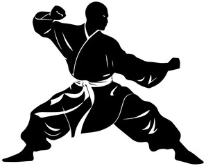 Martial arts silhouette of a man in fighting stance with white belt
