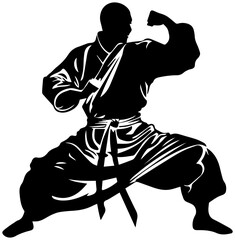 Martial arts silhouette with sword in striking stance