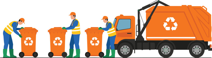 Municipal waste collection workers loading recycling bins into garbage truck, environmental sanitation and recycling service vector illustration