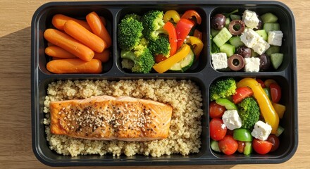 Healthy Meal Prep with Salmon, Quinoa, and Fresh Vegetables