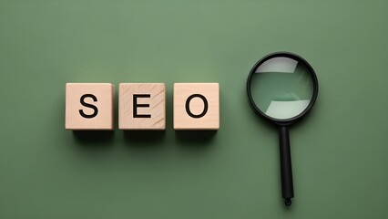 SEO Concept with Wooden Blocks and Magnifying Glass on Green Background