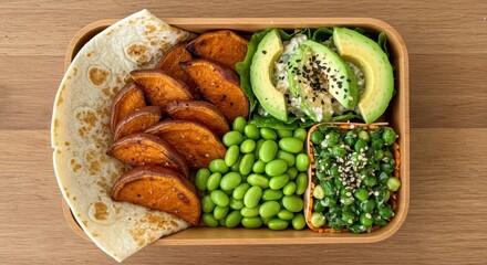 Baked beans with melted cheese served in a glass jar placed in a rustic wooden box on a clean white background