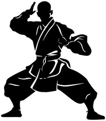 Martial arts silhouette in dynamic fighting stance with white outline