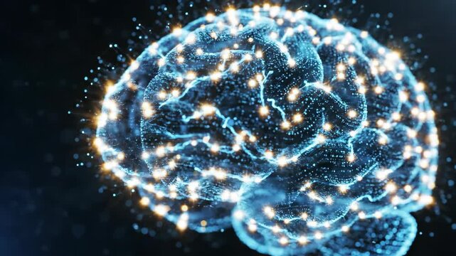 This abstract 3d render shows a bright blue human brain firing with glowing nodes, illustrating complex thought processes within a dark digital space.