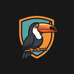 Fototapeta premium Cartoon toucan bird with a large orange beak perched on a branch in front of a blue and orange shield logo on a dark background.