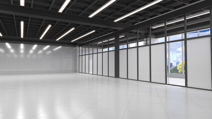Large empty commercial hall with a glass wall, light floor and lighting on black ceiling. 3d illustration